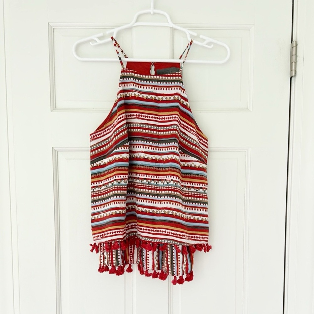 SUNDAY IN BROOKLYN top size S orange white tassels sleeveless tank